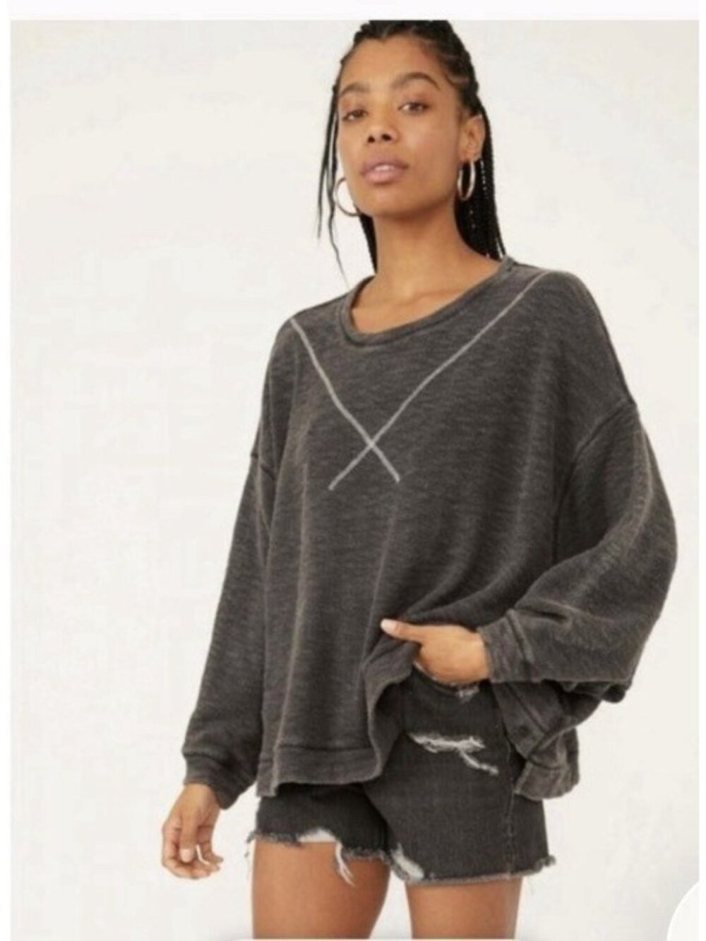 Free People Come Again Oversized Sweatshirt Black Textured Long Sleeve Sz M